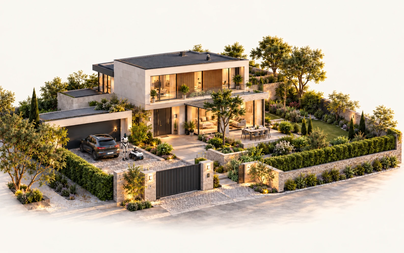Moderne Villa mit einem Roboter auf Rädern und einem humanoiden Roboter neben dem Auto; konzeptionelle Architekturillustration