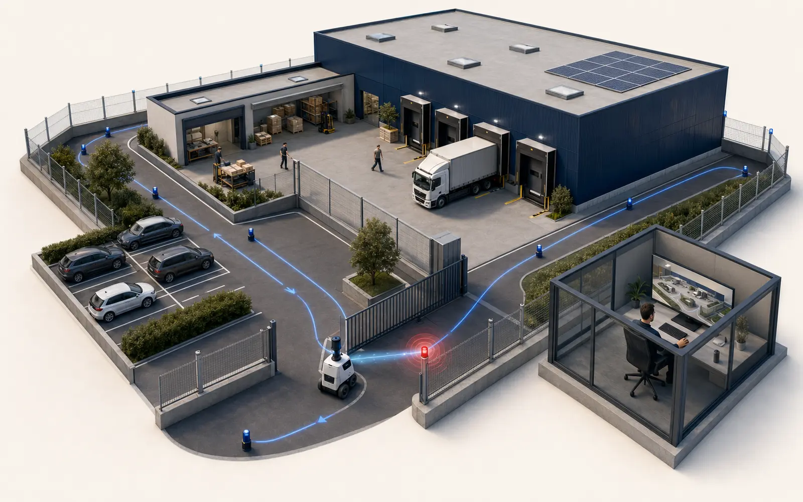 Security robot patrolling a company car park and loading bays