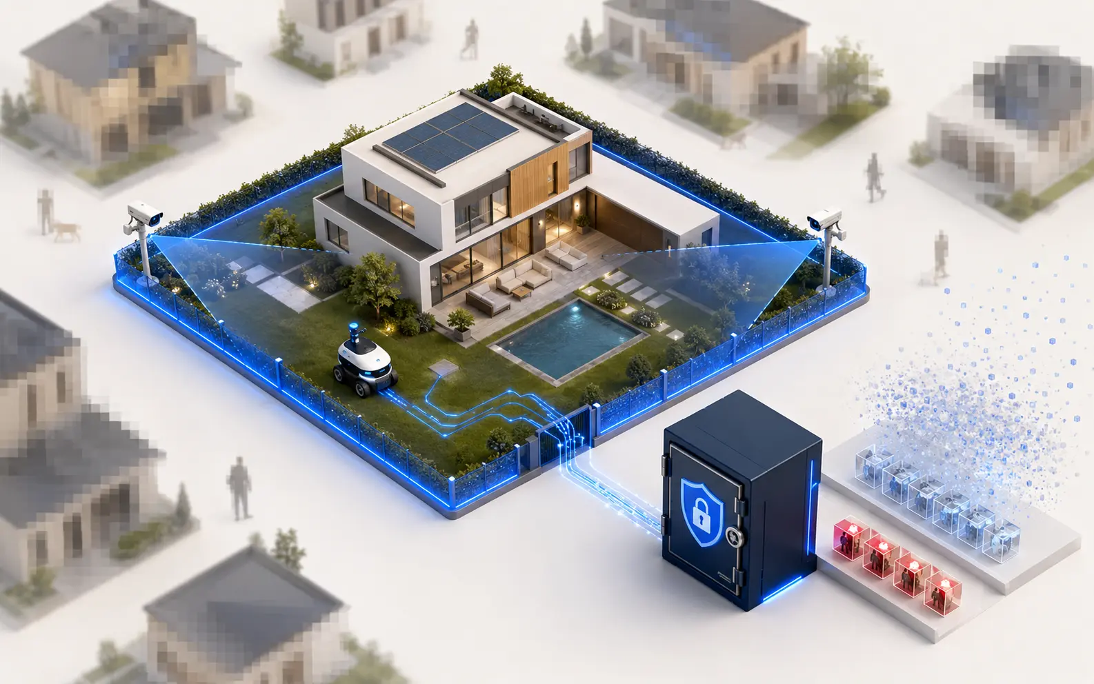 Intelligent cameras protecting a property with privacy-masked zones and secured data