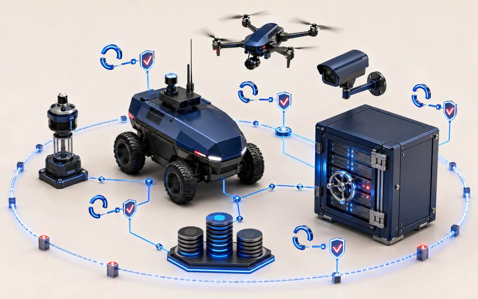 Robot, drone et capteurs de sécurité présentés autour de symboles de questions et de vérification