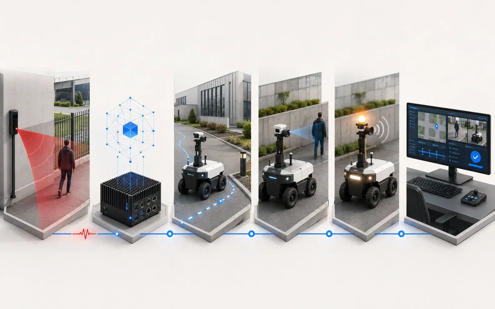 Chaîne de sécurité montrant la détection, l’analyse, le déplacement d’un robot, la vérification et la supervision
