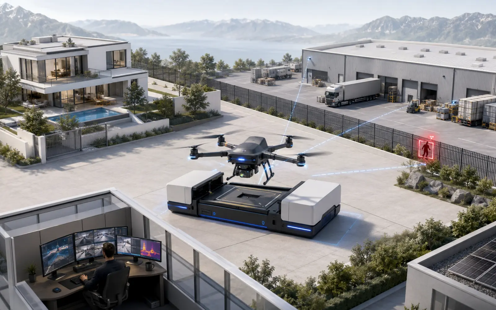 Conceptual illustration of a drone-in-a-box inspecting a sensitive industrial site