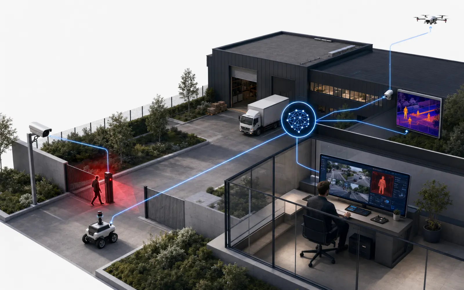 Site suisse surveillé par caméras, capteur thermique, drone et robot reliés à une analyse IA sous contrôle d’un opérateur humain