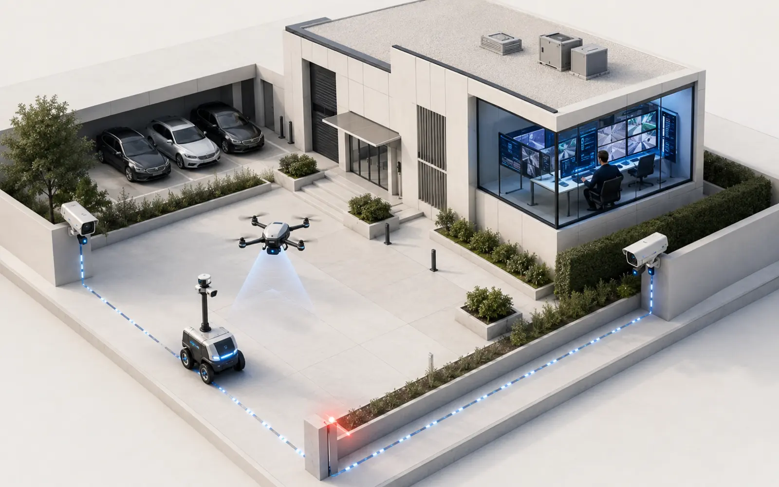 Illustration isométrique d’un site suisse protégé par un robot, un drone et des caméras sous supervision humaine