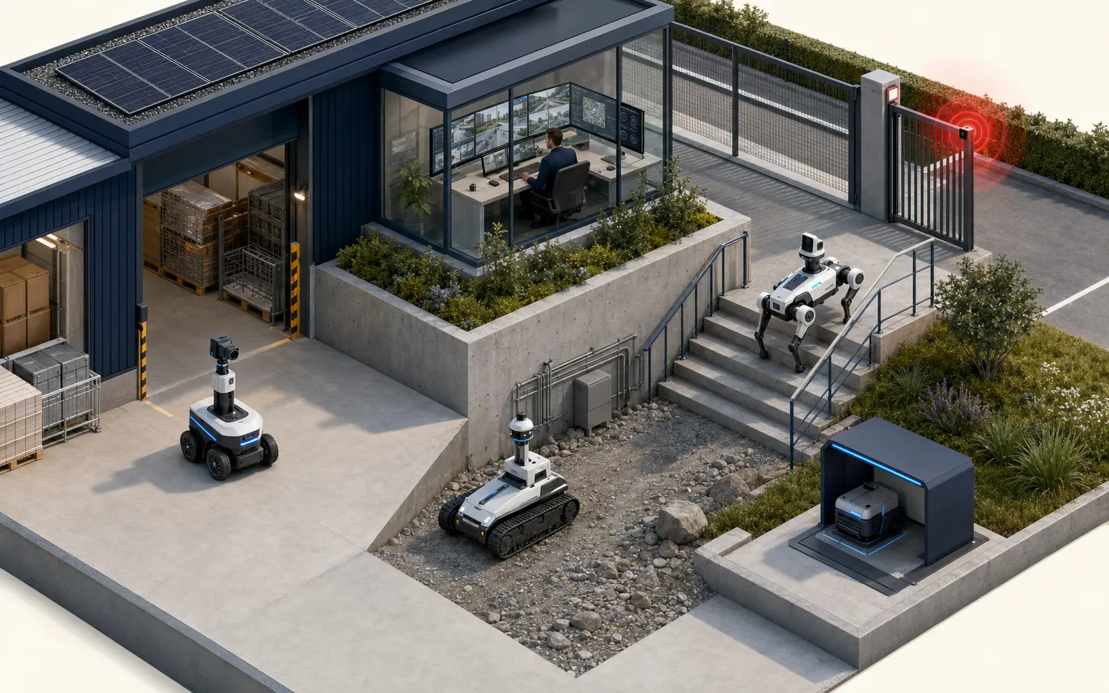 Wheeled, tracked and quadruped security robots patrolling a site under human supervision