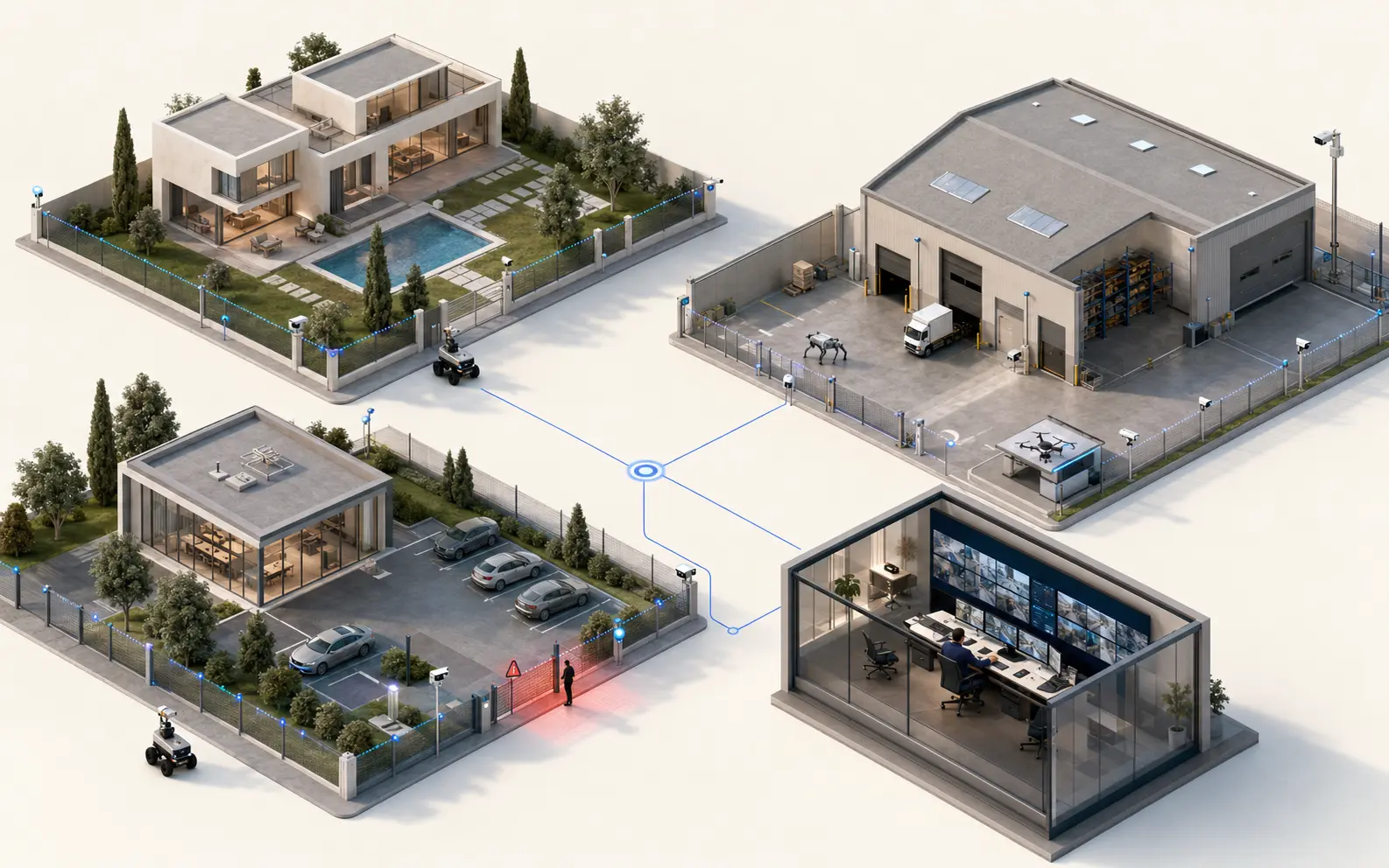 Écosystème isométrique de sécurité robotisée protégeant une villa, une entreprise et un entrepôt sous supervision humaine