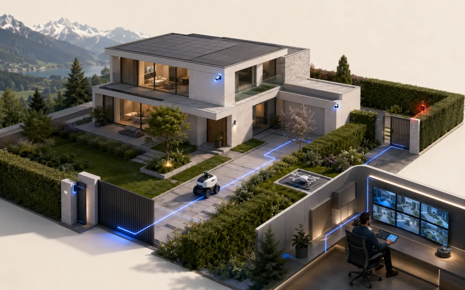 Contemporary Swiss villa protected by discreet sensors, a ground robot and human oversight