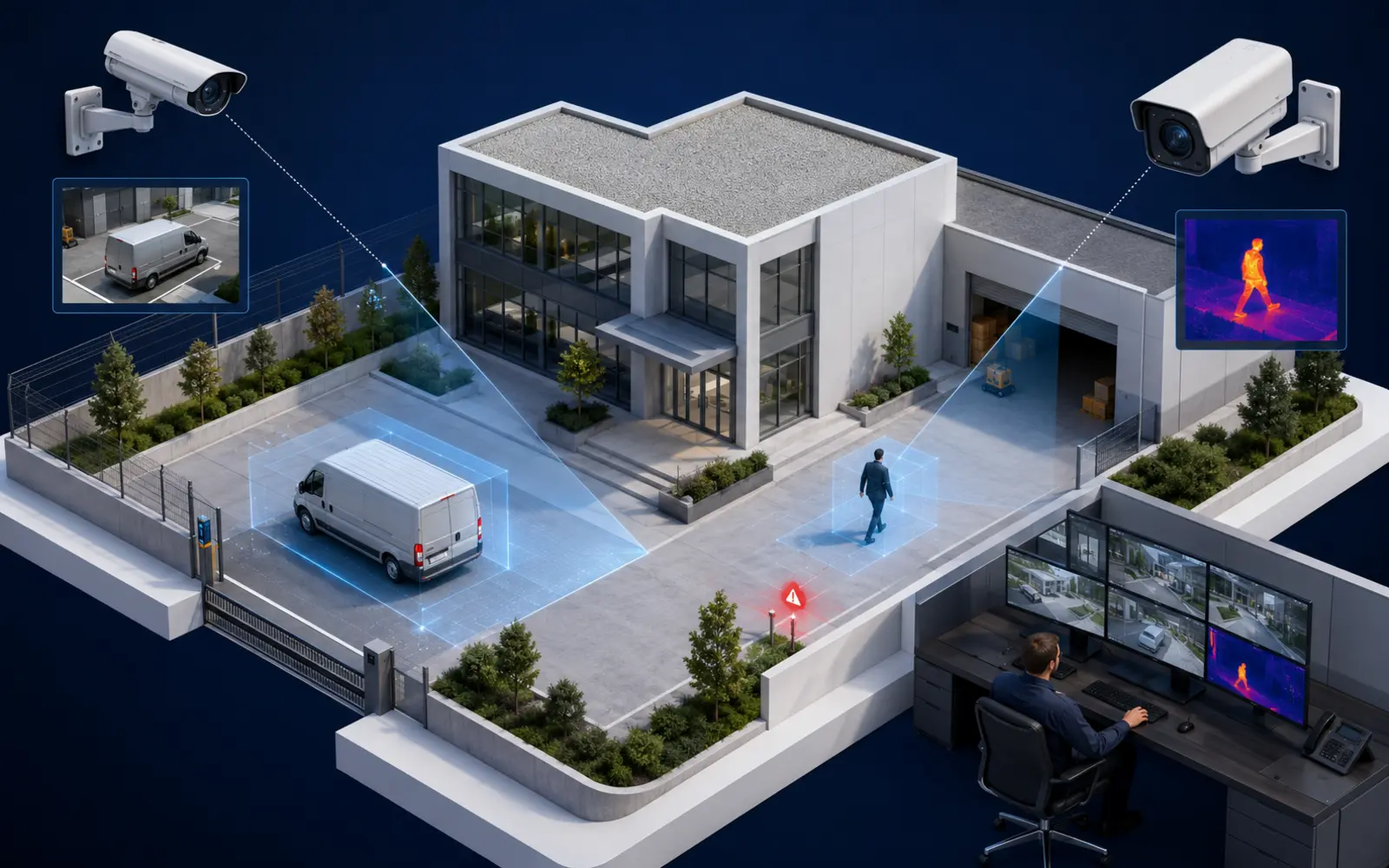 Business site protected by optical and thermal cameras with video analytics and a human monitoring operator