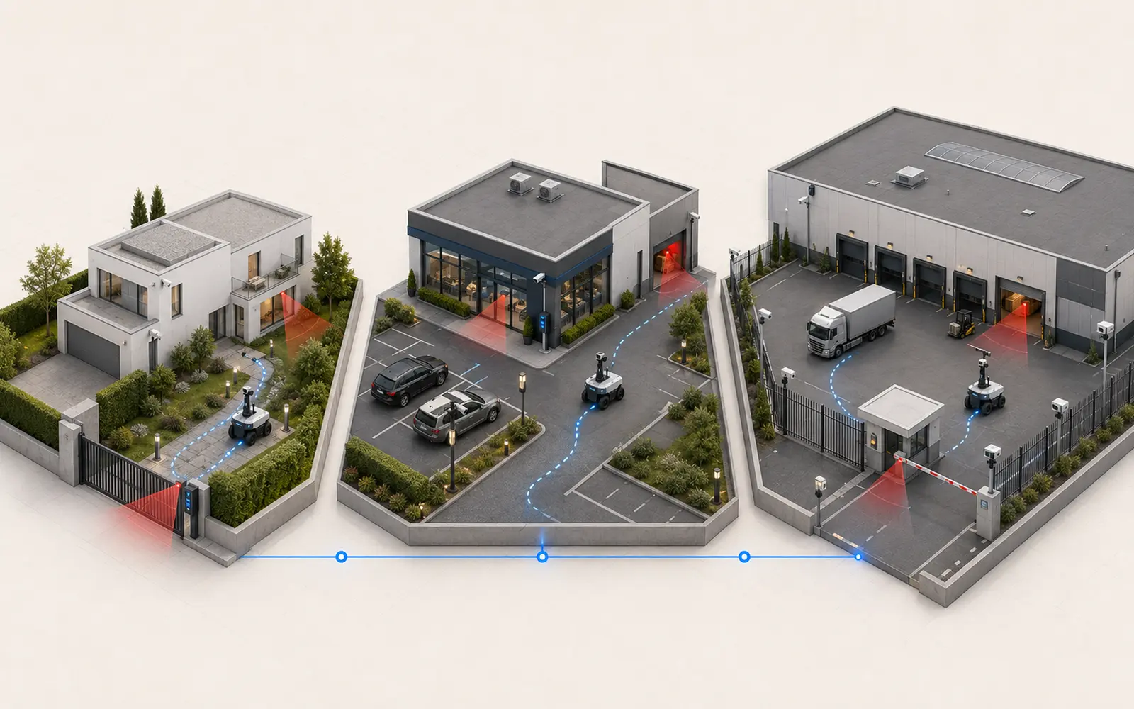 Comparaison visuelle d’une villa, d’un commerce et d’un site industriel avec leurs risques de sécurité