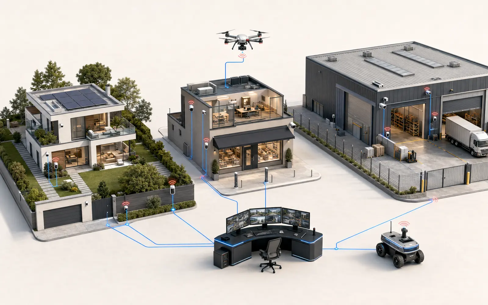 Villa, entreprise et entrepôt protégés par une architecture commune de capteurs, robots et drones
