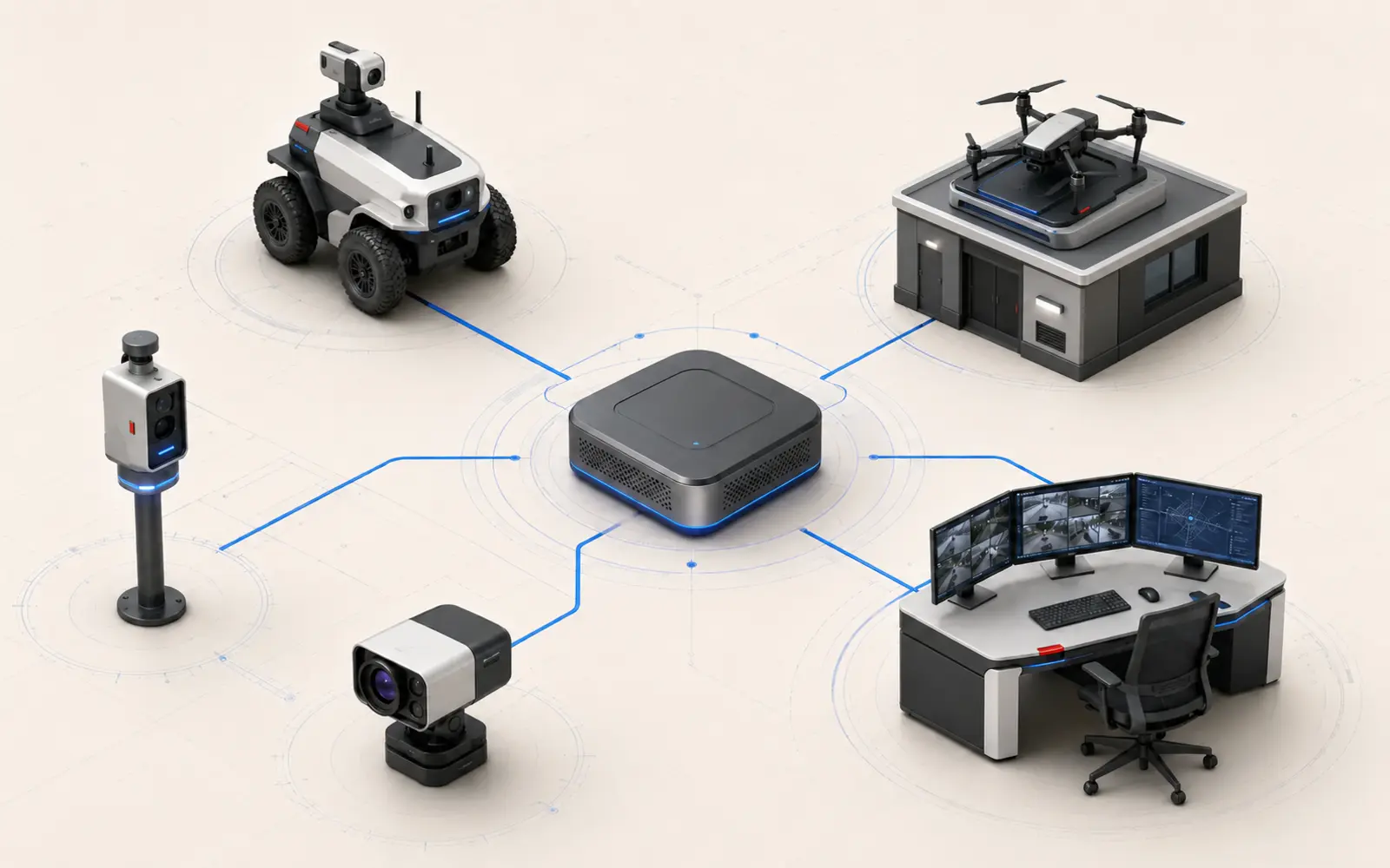 Robot terrestre, drone, capteurs, caméra thermique et supervision reliés dans une architecture unique